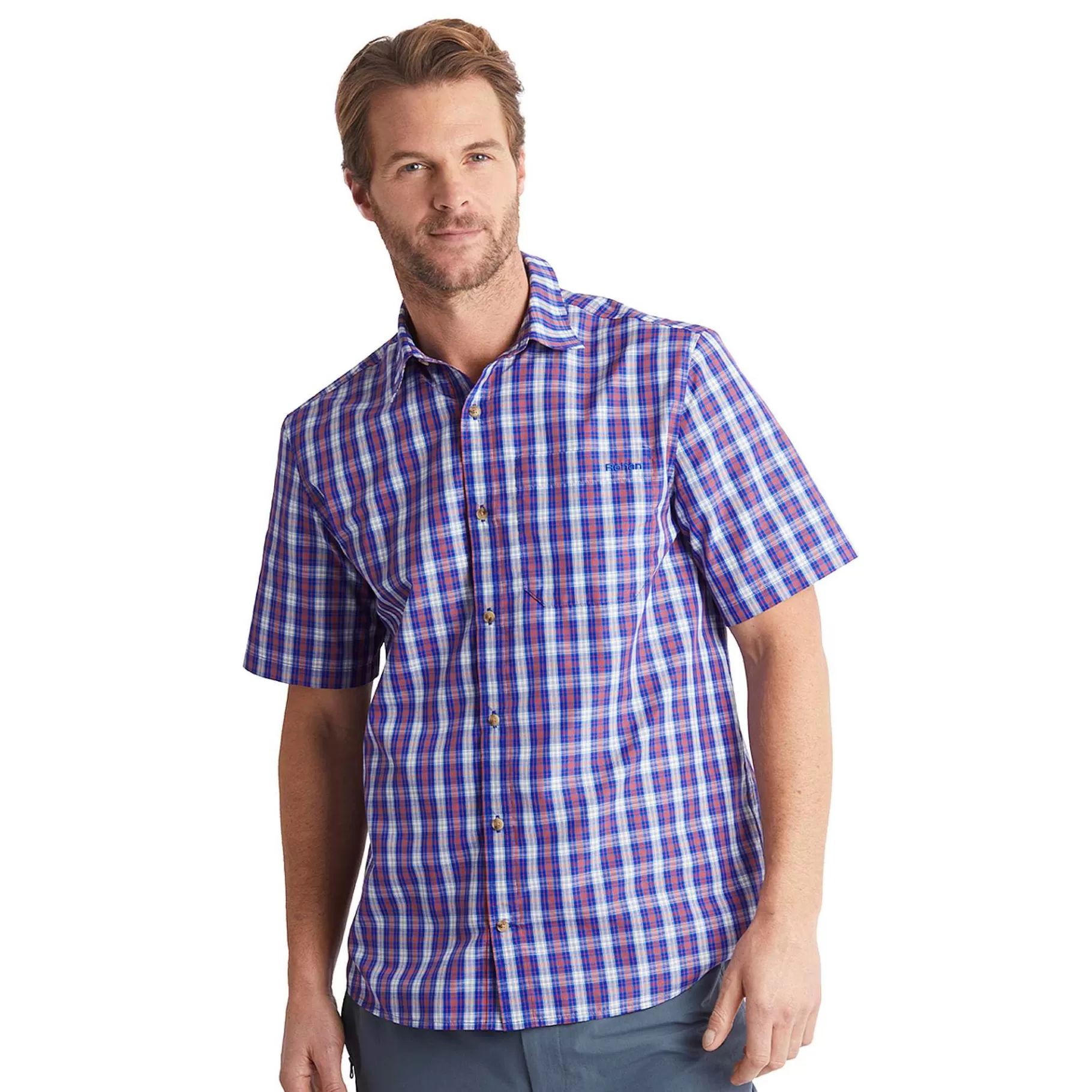 Best Sale Rohan Men'S Coast Short Sleeve Shirt Ridge Blue/Solar Orange Check
