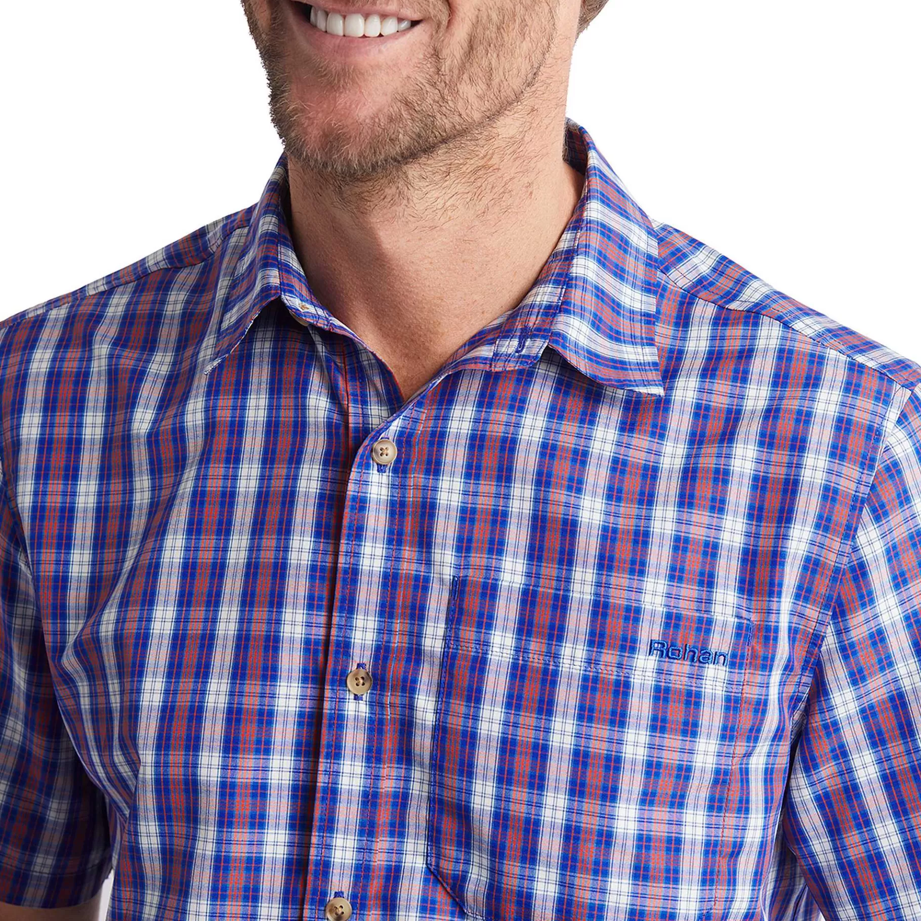 Best Sale Rohan Men'S Coast Short Sleeve Shirt Ridge Blue/Solar Orange Check