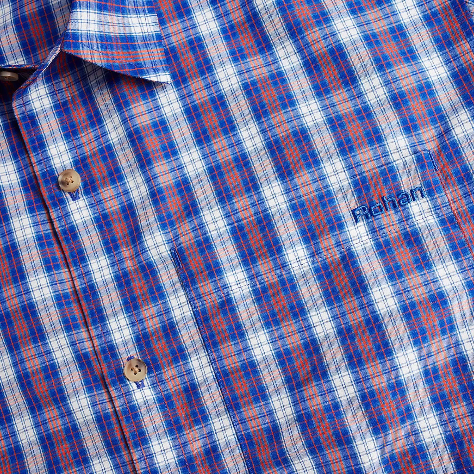Best Sale Rohan Men'S Coast Short Sleeve Shirt Ridge Blue/Solar Orange Check