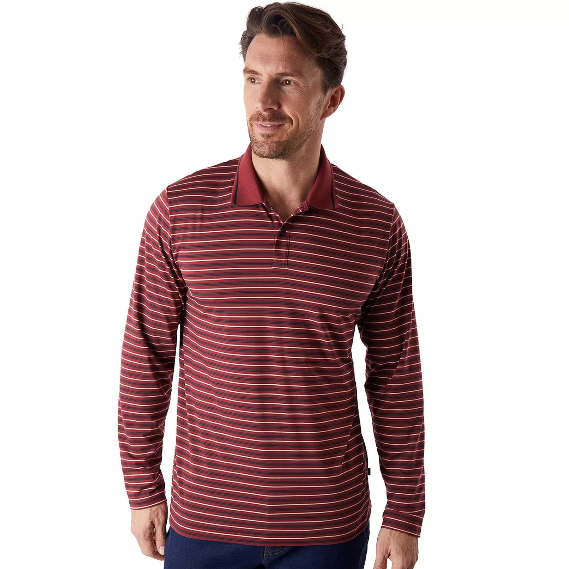 Cheap Rohan Men'S Shoreline Long Sleeve Polo Auburn Red/Navy Stripe