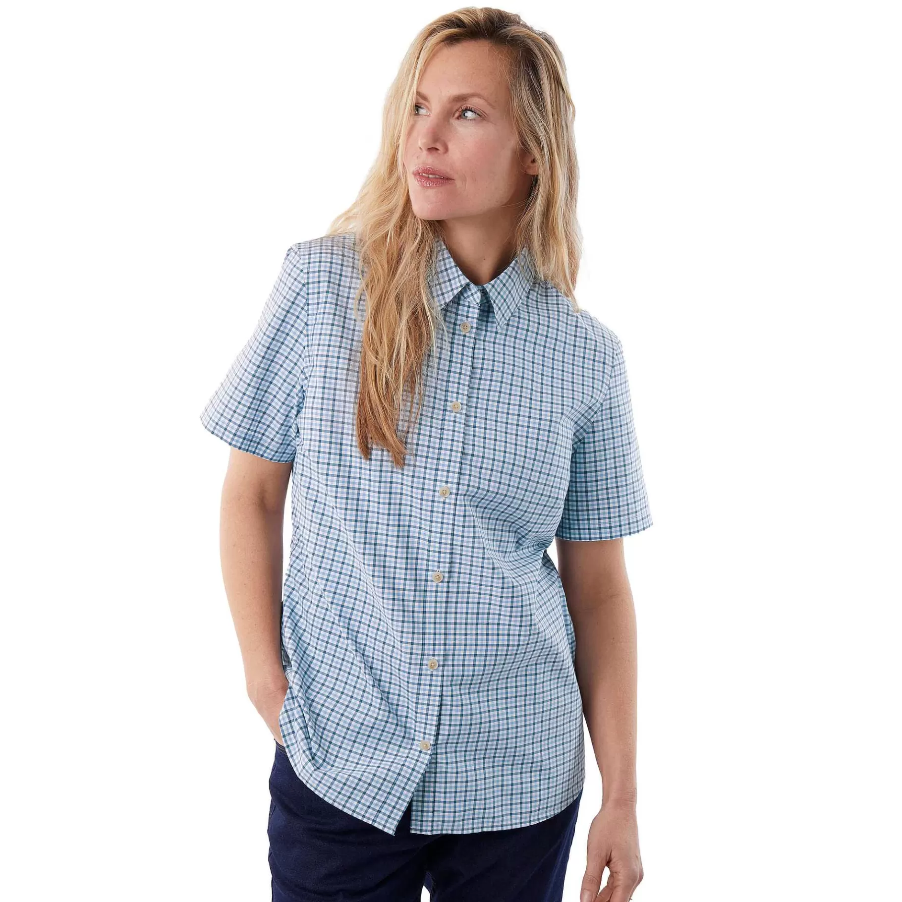 Hot Rohan Women'S Eave Short Sleeve Shirt Chambray Blue Gingham