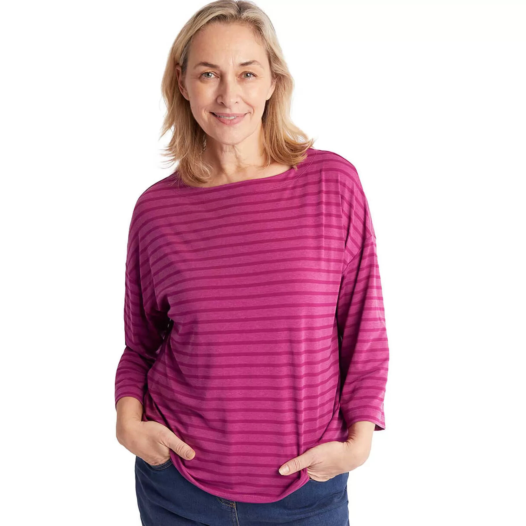 Sale Rohan Women'S Harbour Sleeve Top Raspberry Pink Marl Stripe