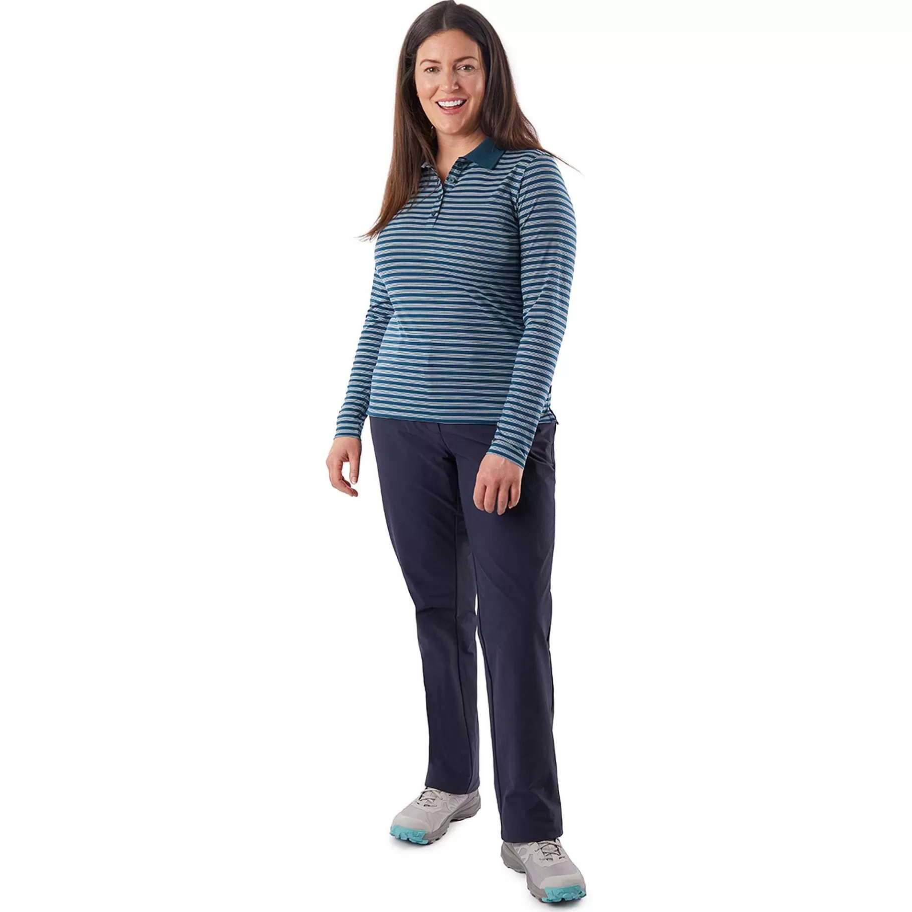 Clearance Rohan Women'S Shoreline Long Sleeve Polo Teal Blue Stripe