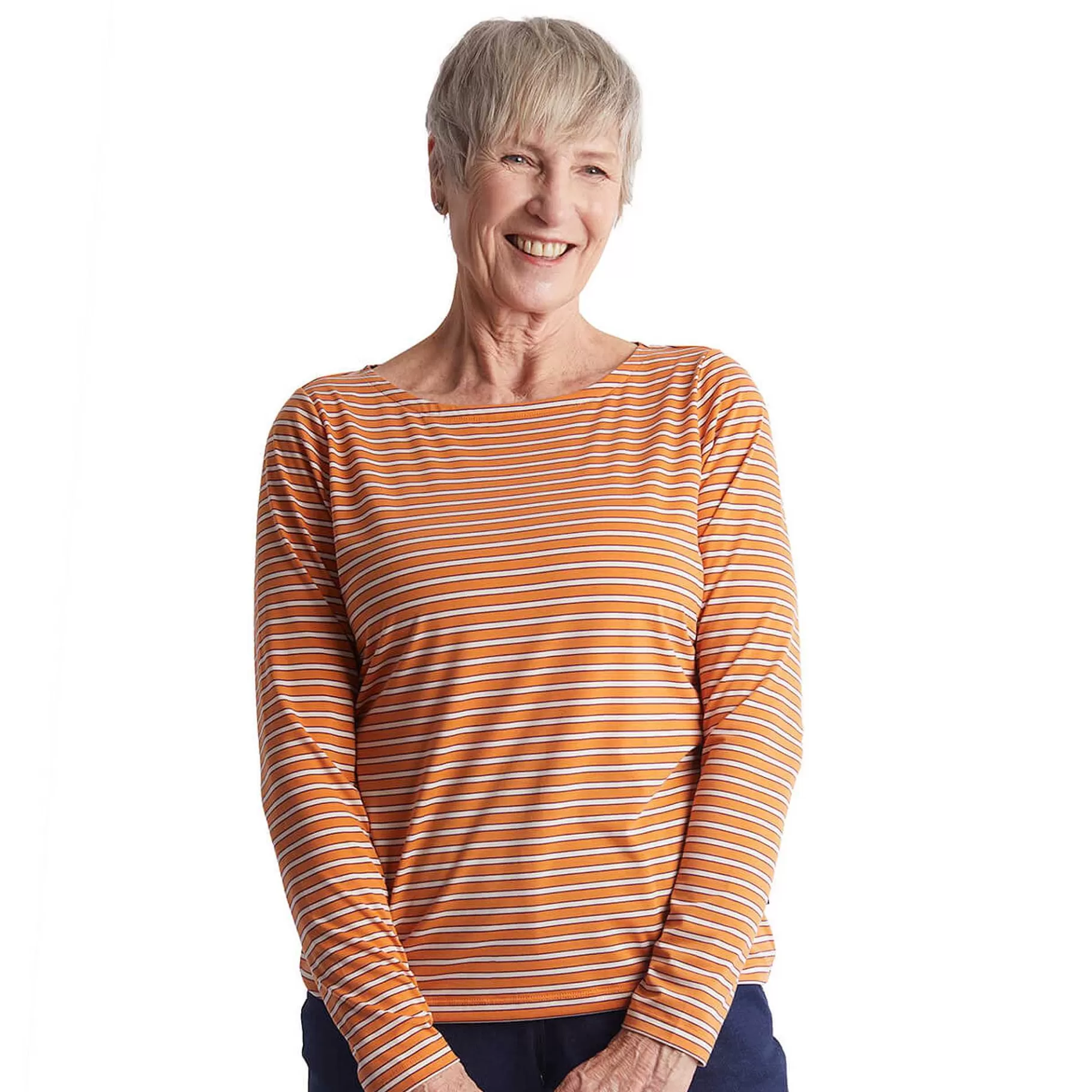 New Rohan Women'S Shoreline Long Sleeve Top Sunset Orange/Ecru Stripe