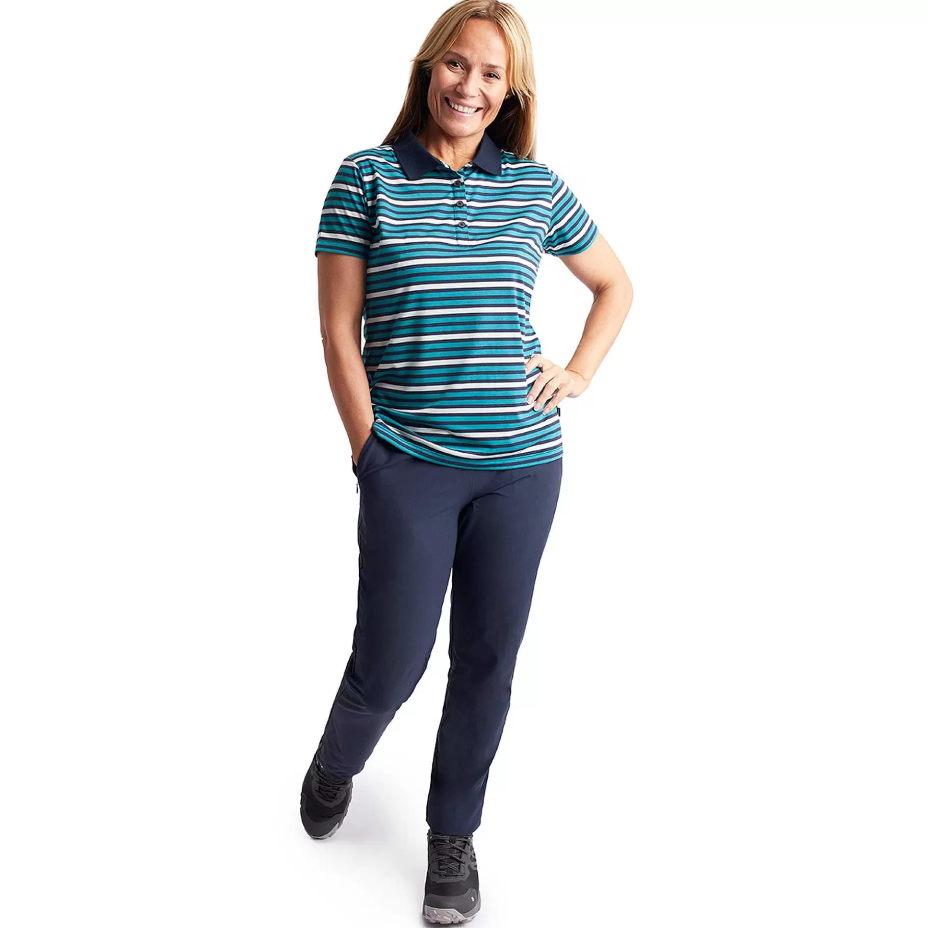 Best Sale Rohan Women'S Shoreline Short Sleeve Polo Cove Blue/Navy Stripe