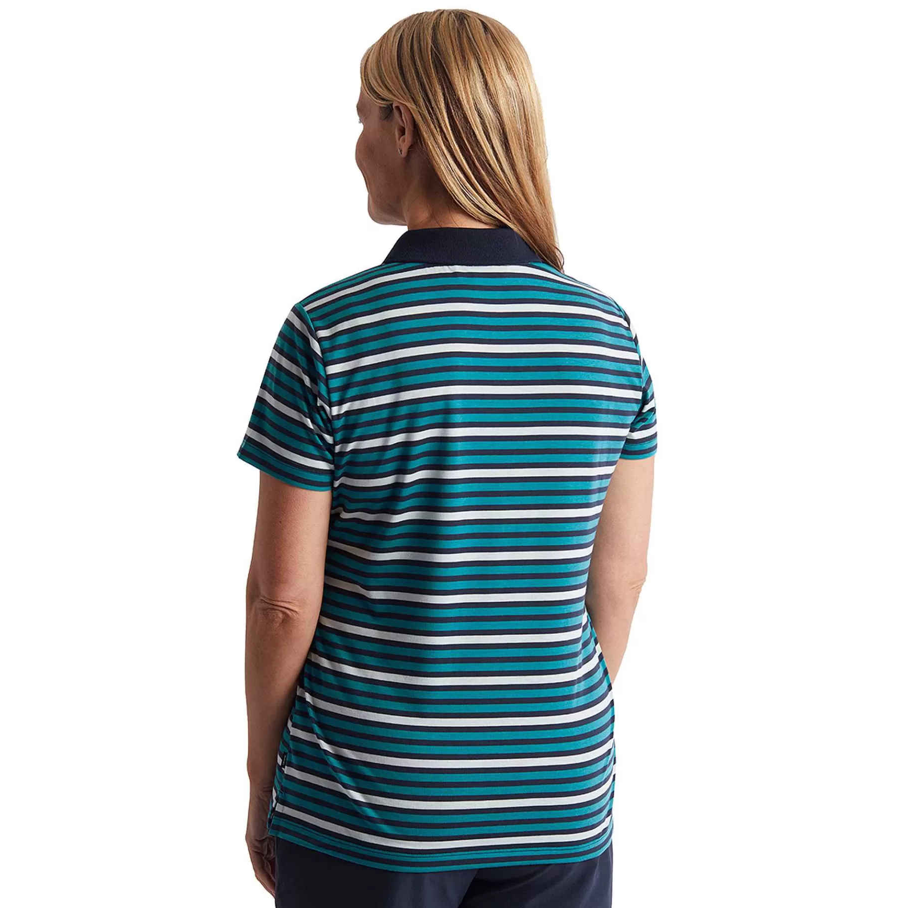 Best Sale Rohan Women'S Shoreline Short Sleeve Polo Cove Blue/Navy Stripe