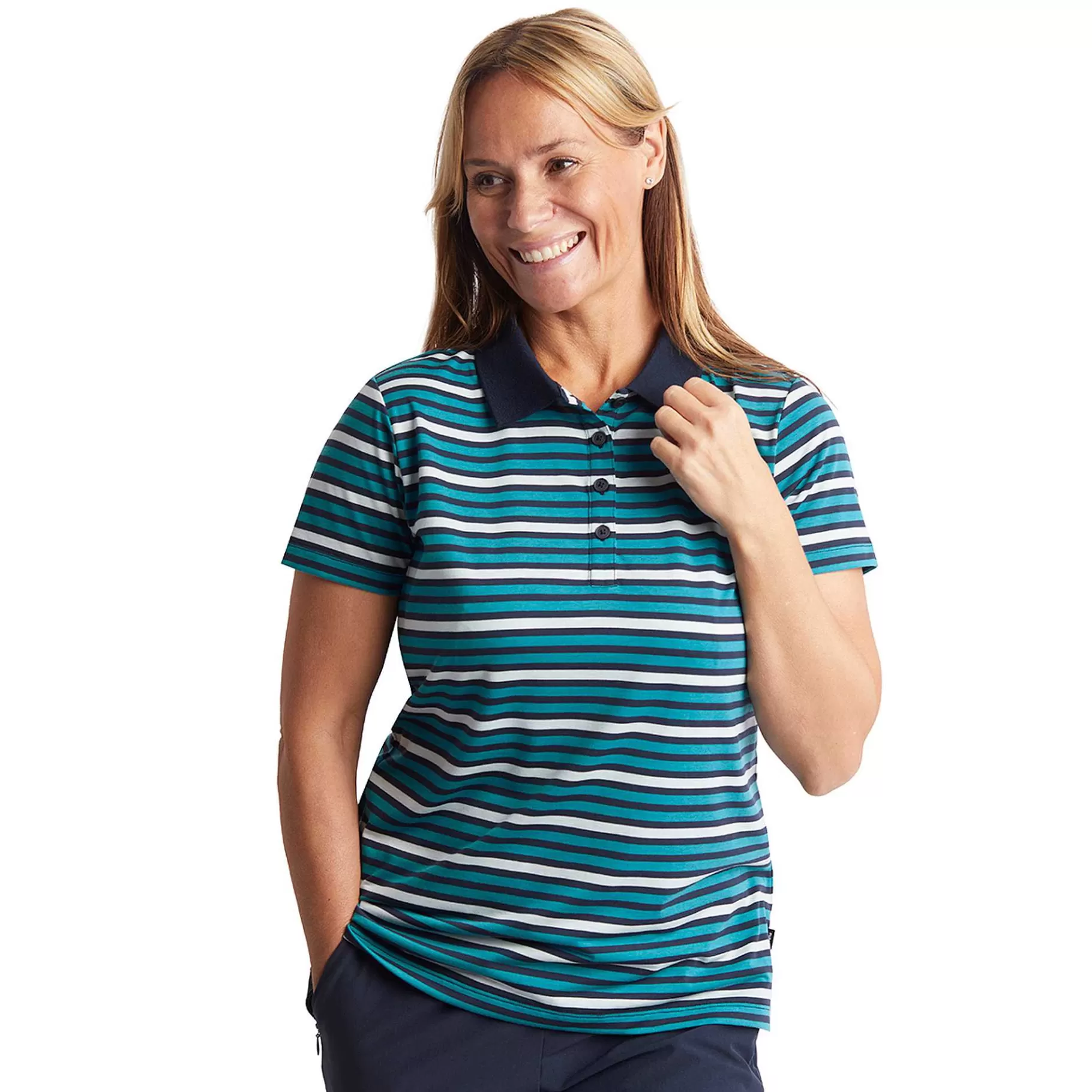 Best Sale Rohan Women'S Shoreline Short Sleeve Polo Cove Blue/Navy Stripe
