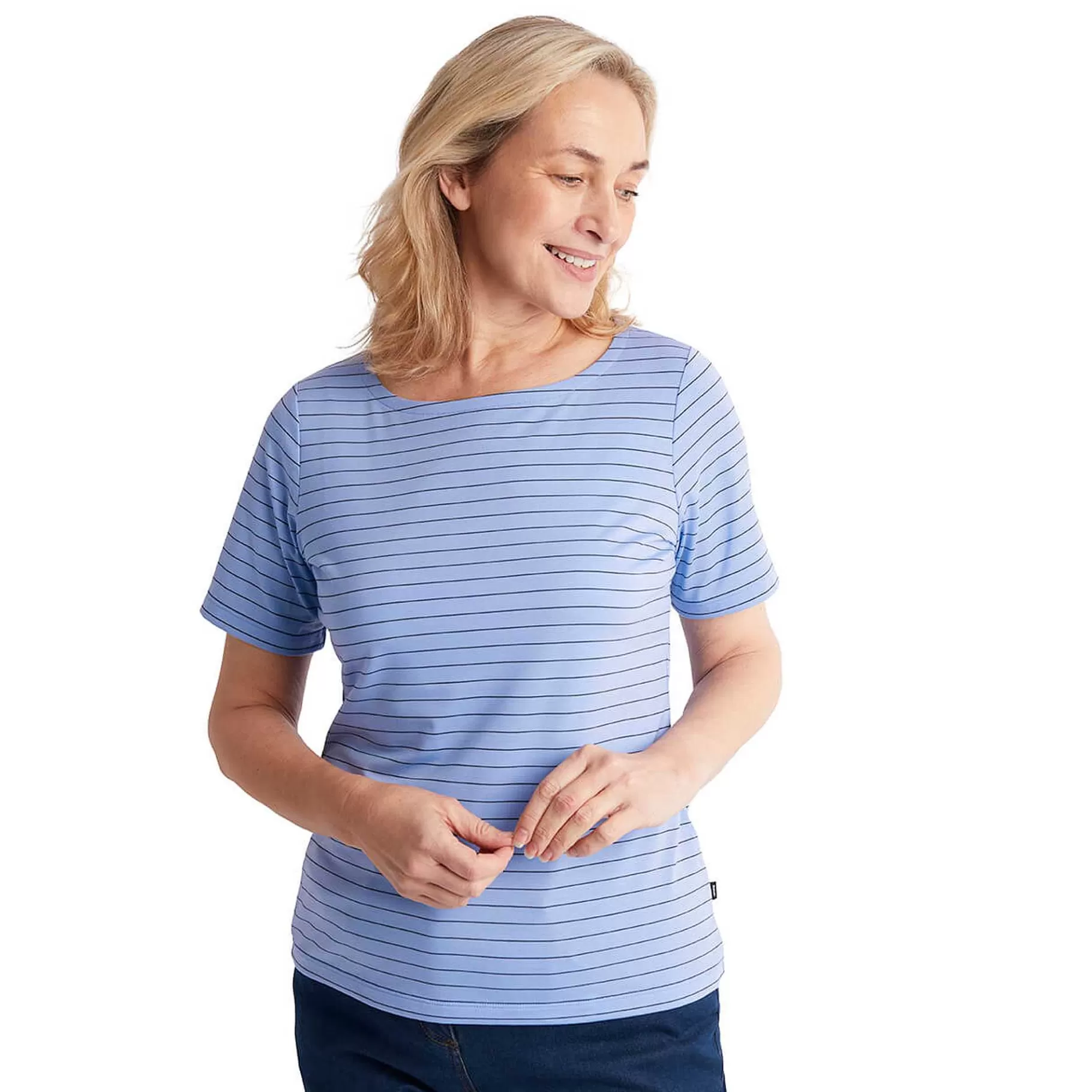 Best Sale Rohan Women'S Shoreline Short Sleeve Top Orchid Lilac/Navy Stripe