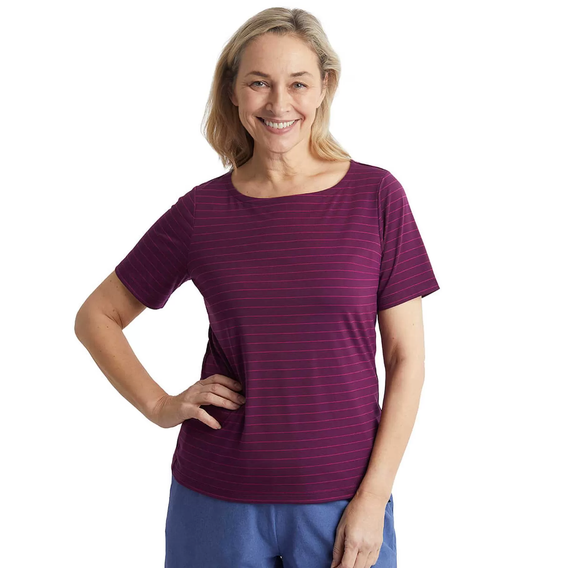 Fashion Rohan Women'S Shoreline Short Sleeve Top Plum Purple/Pink Stripe